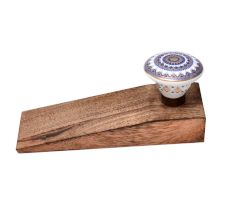 2 Pieces Blue & Golden Wheel Pattern Flat Ceramic Wooden Door Stopper